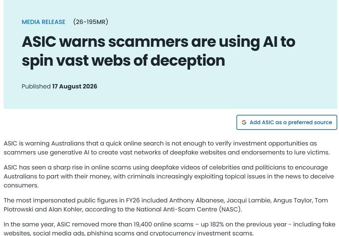 ASIC media release warning about AI-generated deepfake investment scams