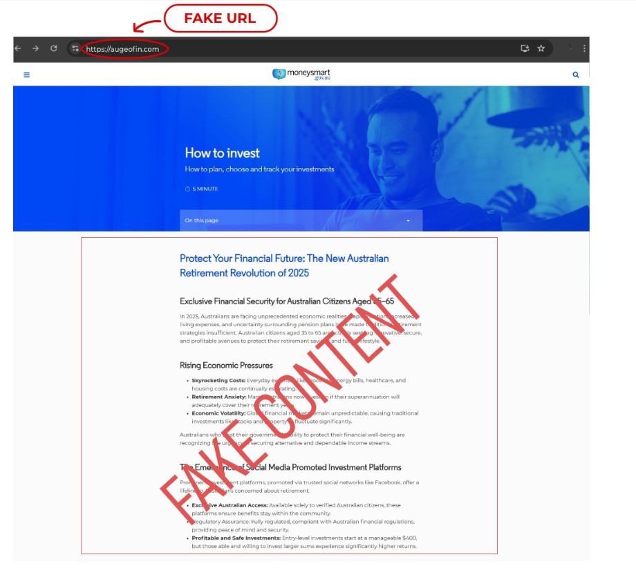 Fake website impersonating Australia's official Moneysmart investment education site