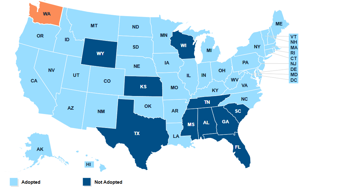 KFF map of US states by Medicaid expansion status: 10 states shown in dark blue as not adopted — Wyoming, Kansas, Wisconsin, Texas, Mississippi, Alabama, Georgia, South Carolina, Tennessee and Florida