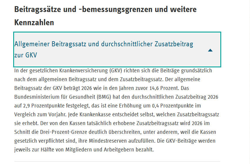 vdek page in German explaining the 2026 statutory health insurance rates: a 14.6 percent general rate and a 2.9 percent average additional contribution, split equally between members and employers