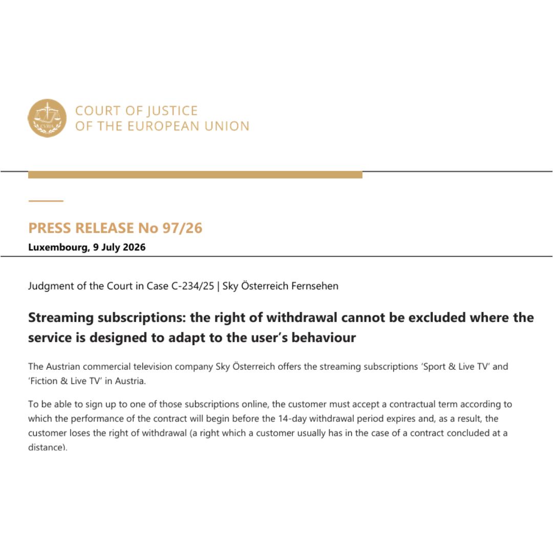 Screenshot of the official Court of Justice of the European Union press release on the Sky Österreich streaming ruling