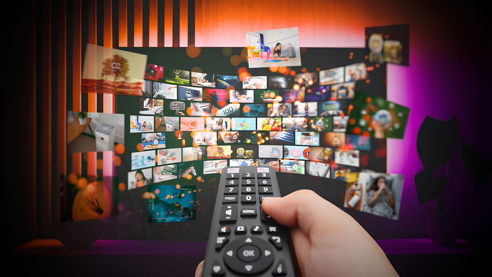 Rows of streaming service interfaces on a television screen