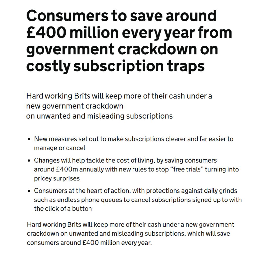 Screenshot of the UK government's official press release on subscription trap reforms